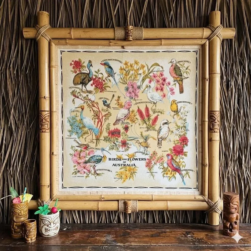 Vintage Australian Bird Tablecloth | Floral Table Linens | Card Table Cover